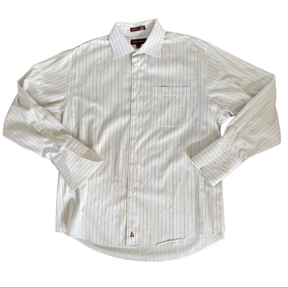 Nordstrom White Button Down Striped Shirt French Cuffs Cotton Wrinkle Free 16.5